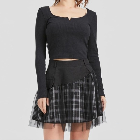 Punk Goth Plaid Mesh Overlay Skirt - Picture 6 of 12